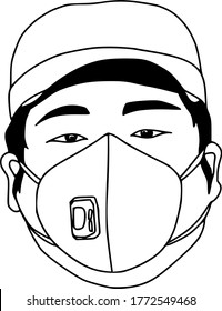 Black and white illustration of a man wearing mask.