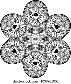 Black and white illustration of a mandala - a flower of life. Eyes and mehendi tatto