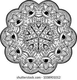 Black and white illustration of a mandala - a flower of life. Eyes and mehendi tatto