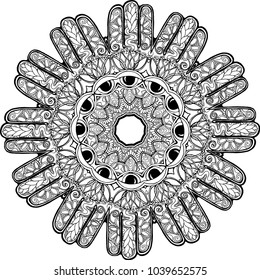 Black and white illustration of a mandala - a flower of life. Cosmic space.