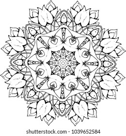 Black and white illustration of a mandala - a flower of life. Cosmic space.