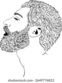 Black and white illustration of a man's head with a beard. Vector illustration.