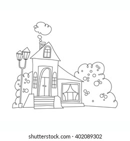 black and white illustration of the mansion. house in cartoon style vector Coloring book