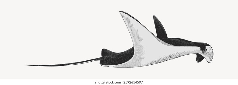 Black and white illustration of a manta ray swimming. The manta ray is depicted in a side view, showcasing its graceful, wing-like fins and long tail. Vintage animal illustration vector.