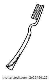 Black and white illustration of a manual toothbrush in a minimalist hand-drawn style. Perfect for dental care infographics, hygiene product packaging, children's educational materials, and oral health