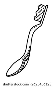 Black and white illustration of a manual toothbrush in a minimalist hand-drawn style. Perfect for dental care infographics, hygiene product packaging, children's educational materials, and oral health