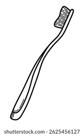 Black and white illustration of a manual toothbrush in a minimalist hand-drawn style. Perfect for dental care infographics, hygiene product packaging, children's educational materials, and oral health