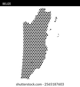 Black and white illustration of the map of Belize highlighting its geographical outline and coastal areas.