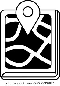 black and white illustration of a map book with location pin