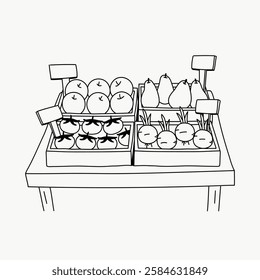 Black and white illustration of a market stall with apples, pears, and root vegetables. Simple market scene with fresh produce. Hand-drawn market illustration. Line art illustration vector.