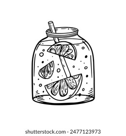 Black and white illustration of a mason jar with lemon slices and a straw perfect for drinks and summer.