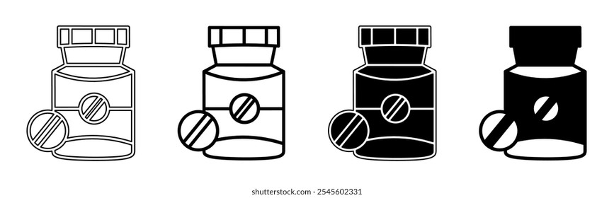 Black and white illustration of a medicine bottle. Medicine bottle icon collection with line. Stock vector illustration.