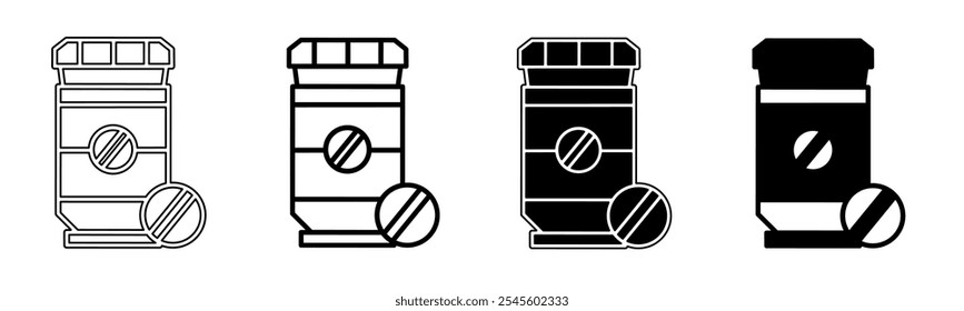 Black and white illustration of a medicine bottle. Medicine bottle icon collection with line. Stock vector illustration.