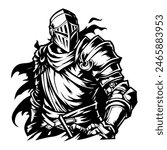 Black and white illustration of a medieval knight in full armor with a sword. Detailed armor and flowing cape create a dynamic, heroic look. Ideal for fantasy, historical, and chivalry themes.