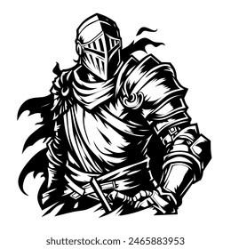 Black and white illustration of a medieval knight in full armor with a sword. Detailed armor and flowing cape create a dynamic, heroic look. Ideal for fantasy, historical, and chivalry themes.