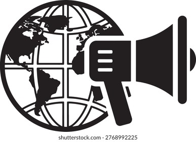 Black and white illustration of megaphone announcing to global audience worldwide