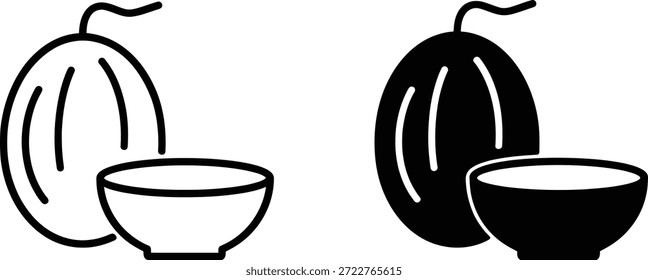 Schwarz-Weiß-Illustration von Melonen und Tassen