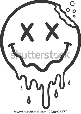 A black and white illustration of a melting smiley face with X eyes, dripping liquid and bubbling on the right side.
