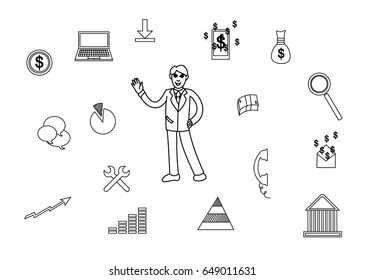 Black and white illustration Men make money online