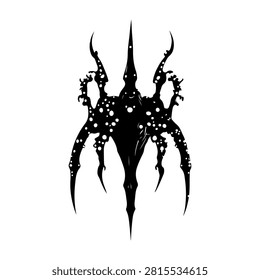 A black and white illustration of a menacing alien creature with sharp, elongated features and intricate details, evoking a dark fantasy theme.