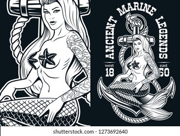 Black and white illustration with a mermaid on the anchor in tattoo style. Perfect for shirts prints. Text is on the separate layer. 