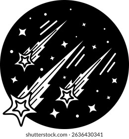 black and white illustration of Meteor shower in the sky