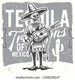 Black and white illustration. Mexican with a guitar in his hands. Original vector illustration