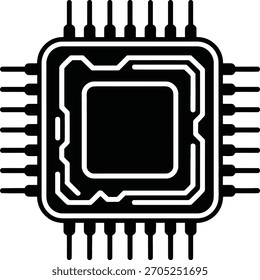 Ilustración en blanco y negro de un microchip aislado sobre fondo blanco, perfecto para proyectos de tecnología y diseño