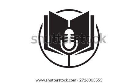 Black and white illustration of a microphone emerging from an open book within a circular frame symbolizing education and communication