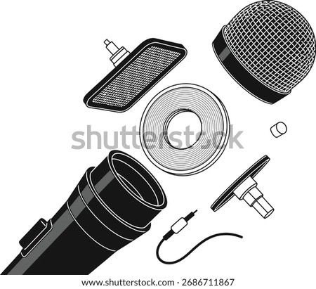 a black and white illustration of a microphone in an exploded view with all of its parts floating around it