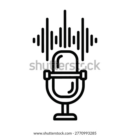Black and white illustration of a microphone with sound waves emanating from it, symbolizing podcasting or broadcasting