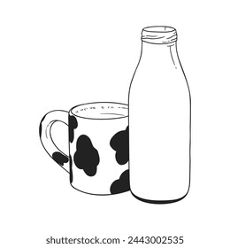 Black and white illustration of a milk bottle next to a mug with cow spots