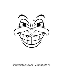 Black and white illustration of a mischievous cartoon face with a wide, toothy grin and expressive eyes, conveying a playful and cheeky mood