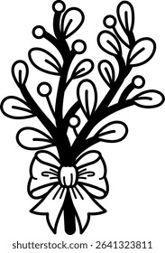 black and white illustration of a mistletoe branch with a bow