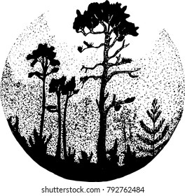 Black and white illustration of a misty forest. Trees and plants in the fog.