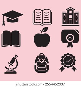 A black and white illustration of a modern and minimalistic set of education icons.