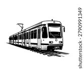 A black and white illustration of a modern tram moving along railway tracks.