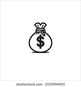 Black and white illustration of a money bag with a dollar sign, representing wealth, savings, and financial success concepts. Useful for business, banking, or finance-related designs.