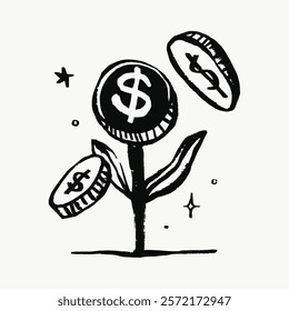 Black and white illustration of a money plant with dollar coins as flowers. Symbolizes growth, investment, and financial prosperity. Simple isolated black line art doodle vector.