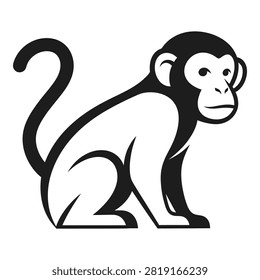 A black and white illustration of a monkey sitting on the ground looking sideways primate animal