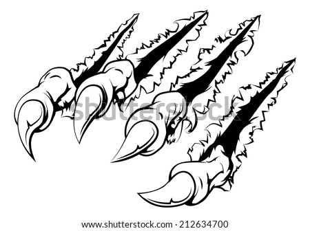 Black and white illustration of monster claws breaking through ripping tearing and scratching the wall or metal or paper background