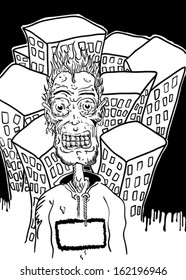 black and white illustration of a monster in a dark with buildings in a background