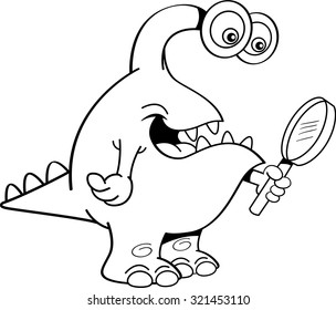 Black and white illustration of a monster looking through a magnifying glass.
