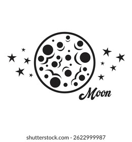 
Uma ilustração em preto e branco da lua com crateras, rodeada por estrelas de tamanhos variados. A palavra "Lua" está escrita em cursivo abaixo. O design é simples e estilizado sobre um fundo branco.