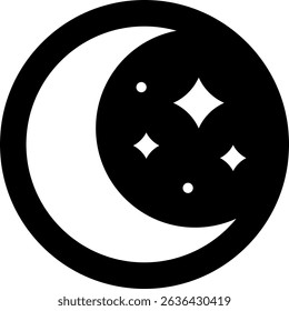 black and white illustration of The moon with stars beside it