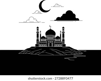 Ilustración en blanco y negro de una mezquita aislada sobre fondo transparente