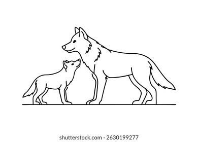 Black and white illustration of a mother wolf and her cub standing together looking up.
