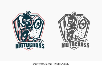 A black and white illustration of a motocross rider performing a wheelie on a dirt bike within a shield shape.