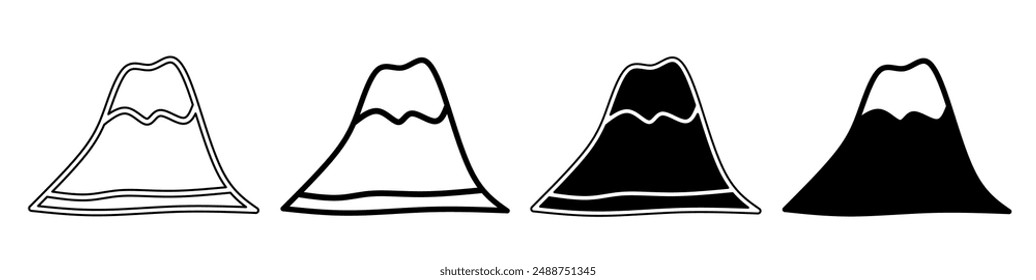 Black and white illustration of a mountain. Mountain icon collection with line. Stock vector illustration.