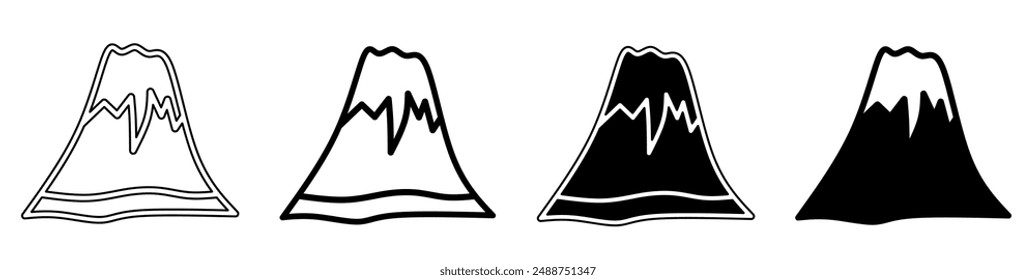 Black and white illustration of a mountain. Mountain icon collection with line. Stock vector illustration.